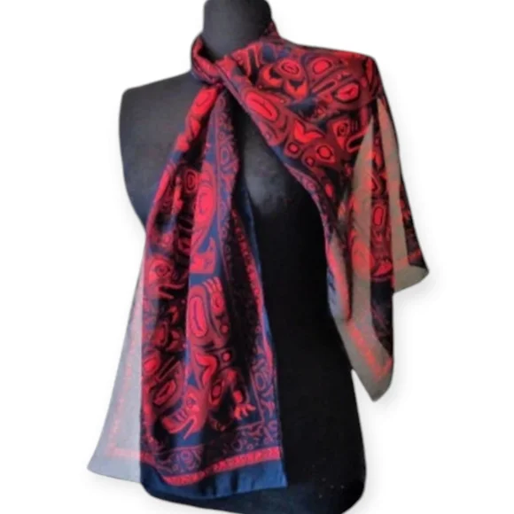 Vintage Jocelyn Wauge black red blue Native American Print scarf